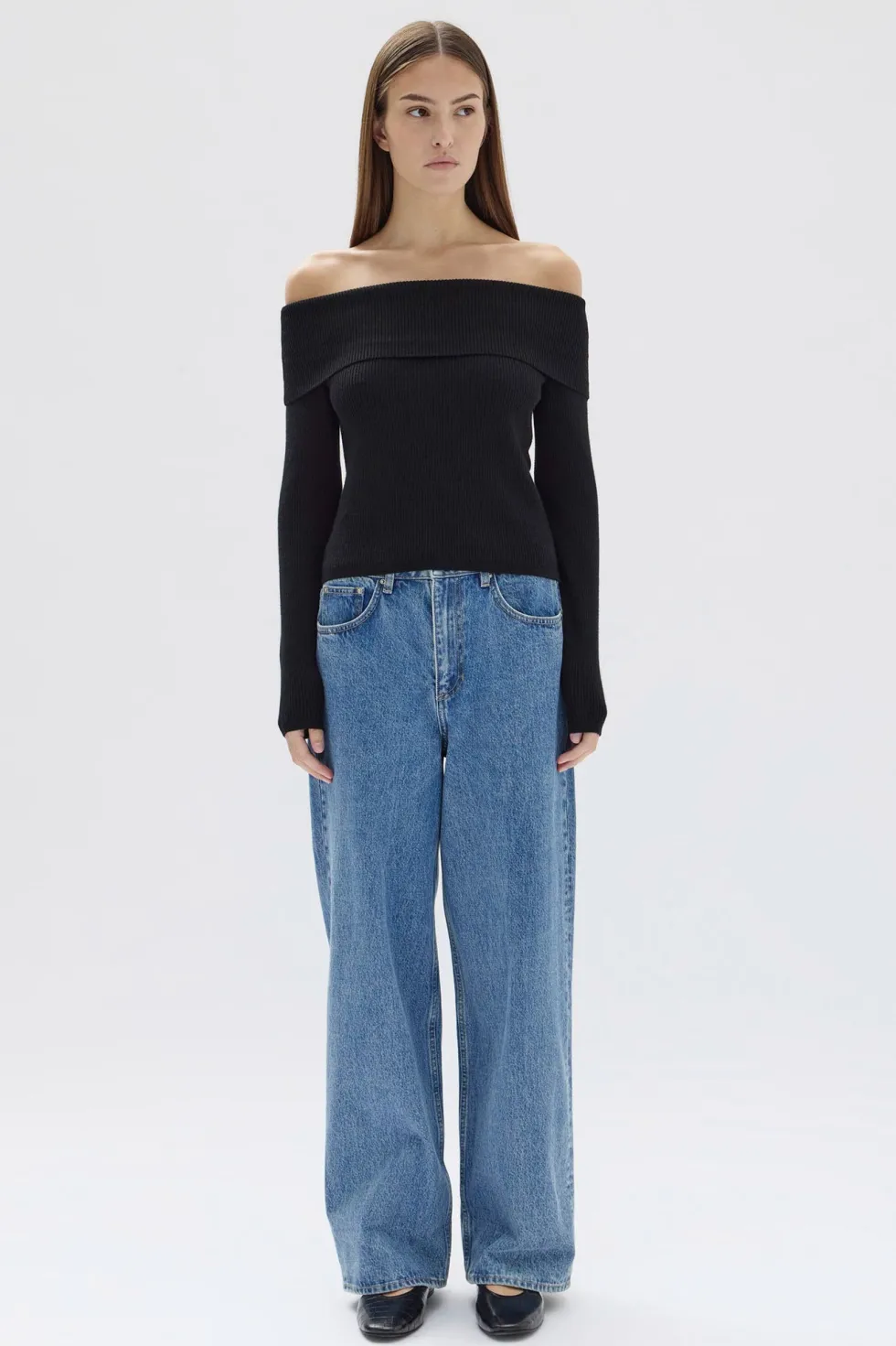 Online 'Cari Off-Shoulder Merino Wool Top' - Black Tops