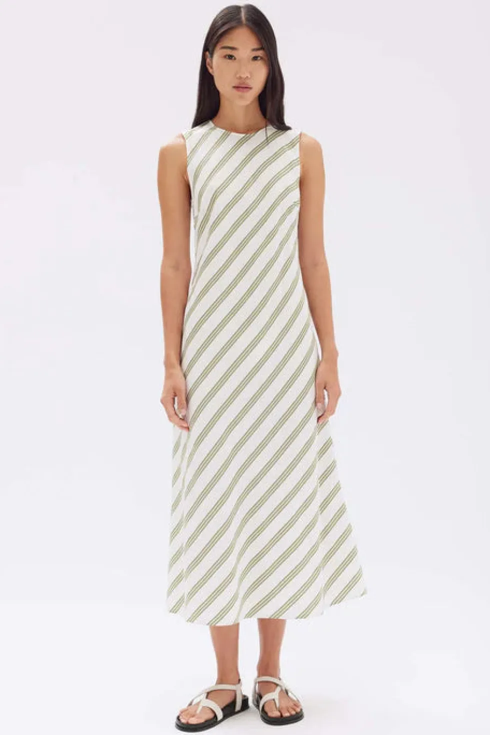 Clearance 'Isola Stripe Midi Dress' - Antique White/Pandan Dresses